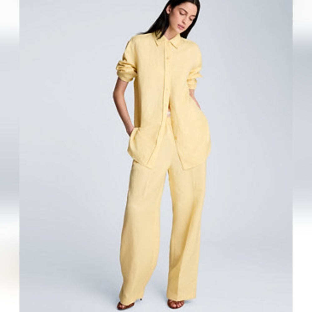 Kenneth Cole 2 pc Matching Set Wide-Leg Linen Blend Pants Blouse Pale Yellow